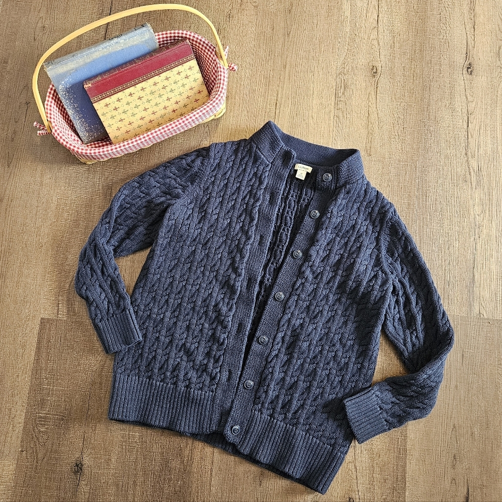 LL Bean Navy Blue 100% Cotton Cable Knit Grandpa Cardigan Sweater Size M Cottage